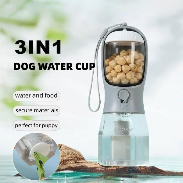3-in-1 Dog Water Bottle – Portable Pet Cup with Food Storage & Waste Bag Holder