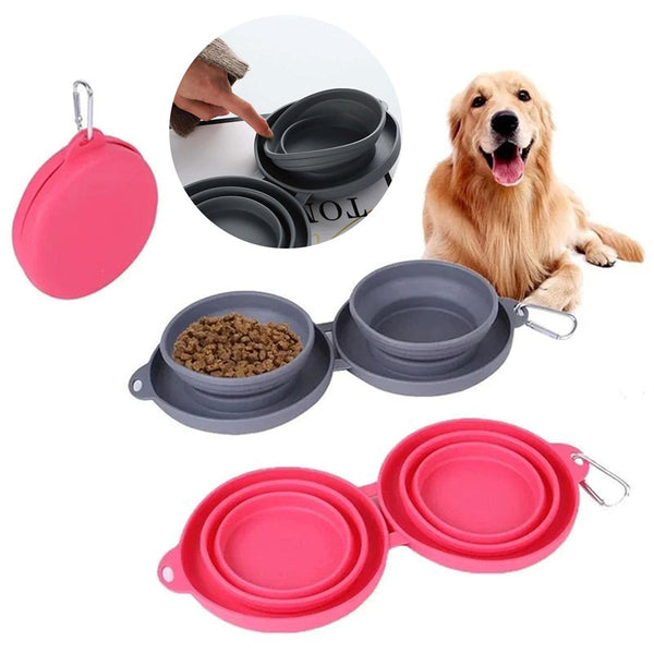 Foldable Double Pet Bowl – Non-Spill Silicone Travel Feeder for Dogs & Cats