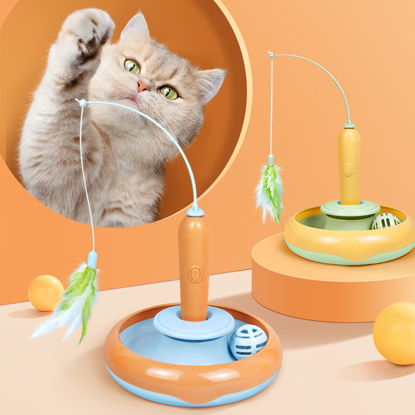 2-in-1 Cat Turntable Toy with Feather – Interactive Self-Play Toy for Indoor Cats