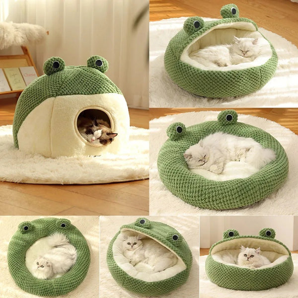 Frog Plush Pet Bed – Warm Nest for Small Cats & Dogs (Up to 5KG)